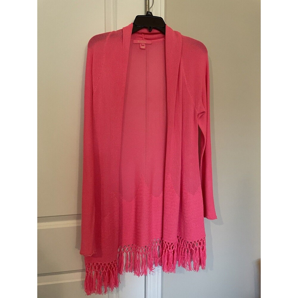 Lilly Pulitzer Tatum Fringe Hem Pink Open Front Cardigan Sweater Medium EUC